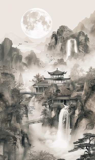 there is a painting of a waterfall and a pagoda in the mountains generative ai