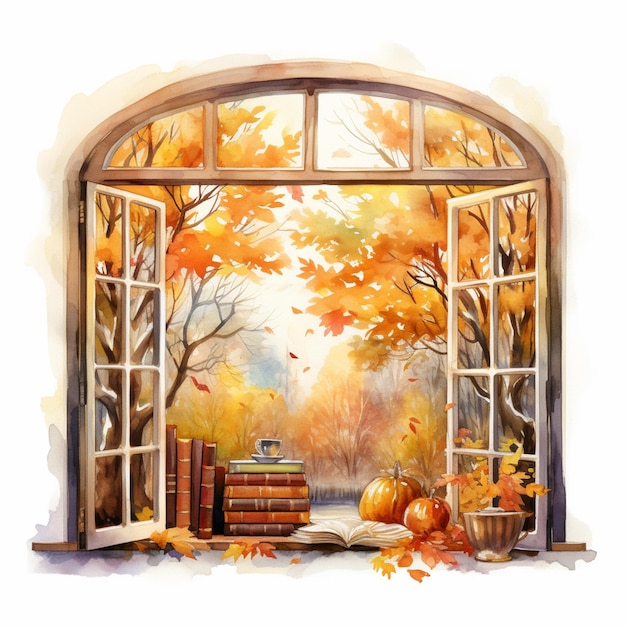 there is a painting of a window with a book and pumpkins generative ai