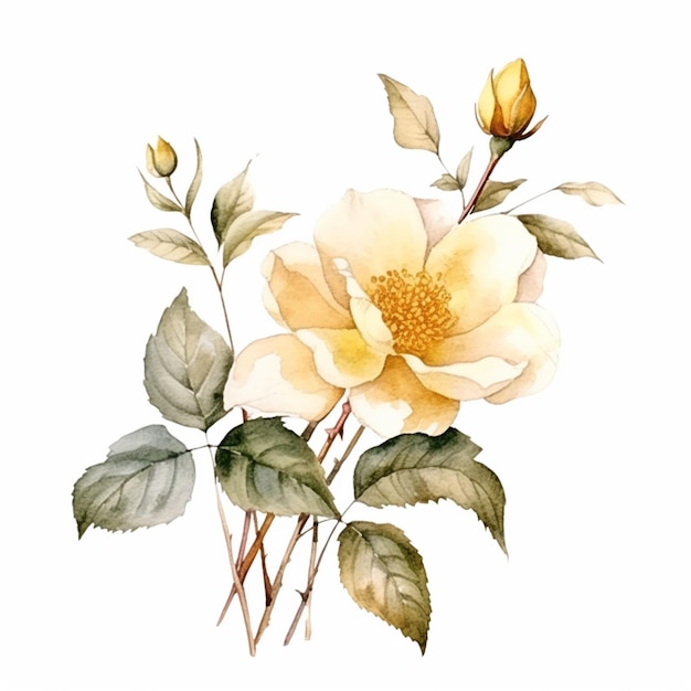 There is a painting of a yellow rose with green leaves generative ai