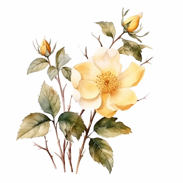 There is a painting of a yellow rose with green leaves generative ai