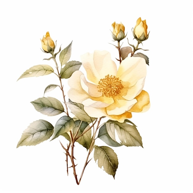 There is a painting of a yellow rose with green leaves generative ai