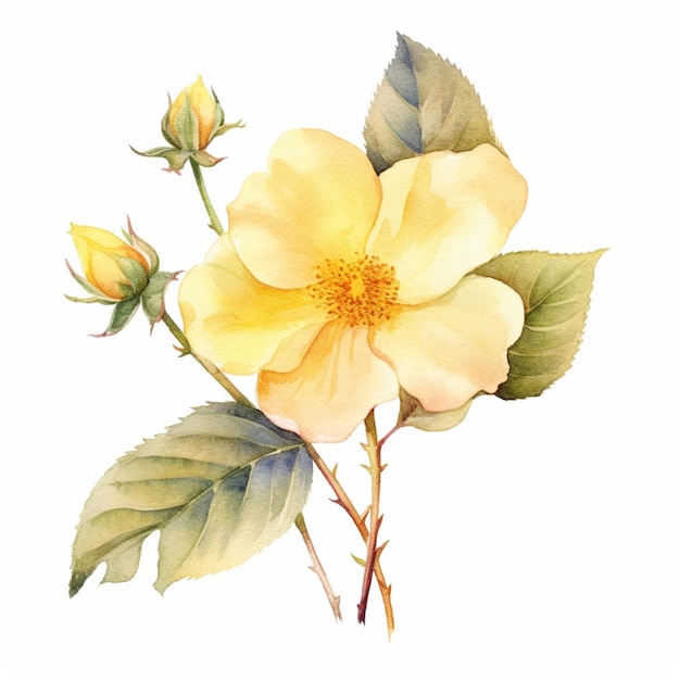 There is a painting of a yellow rose with green leaves generative ai