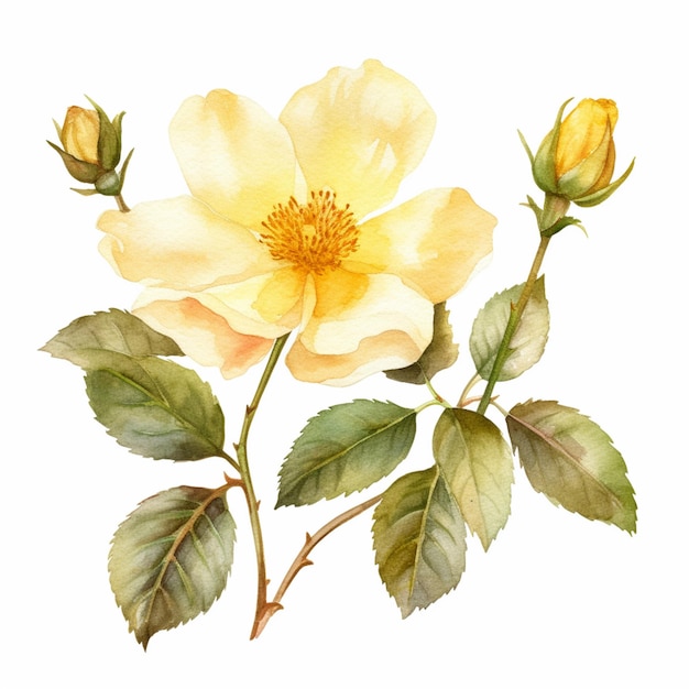 There is a painting of a yellow rose with green leaves generative ai