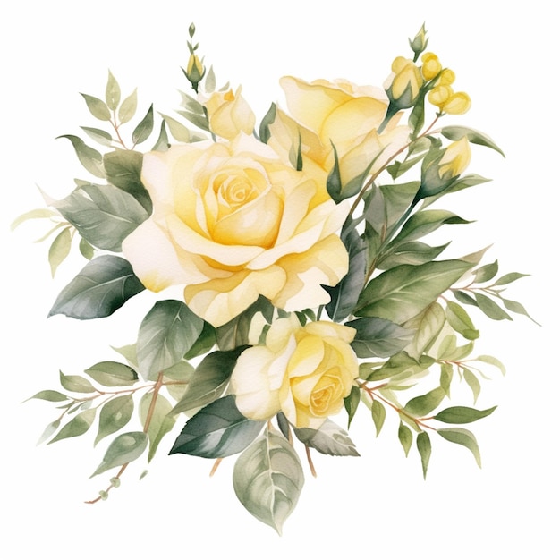 There is a painting of a yellow rose with green leaves generative ai