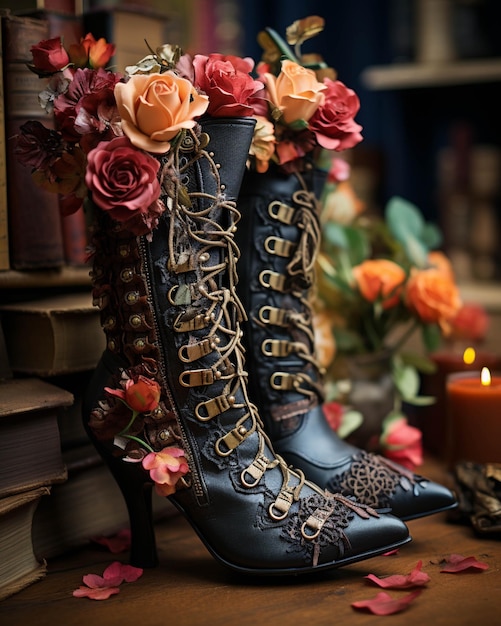 There is a pair of boots with flowers on them sitting on a table generative ai