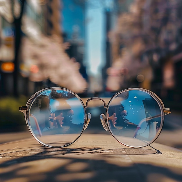 there is a pair of glasses sitting on a table in the street generative ai