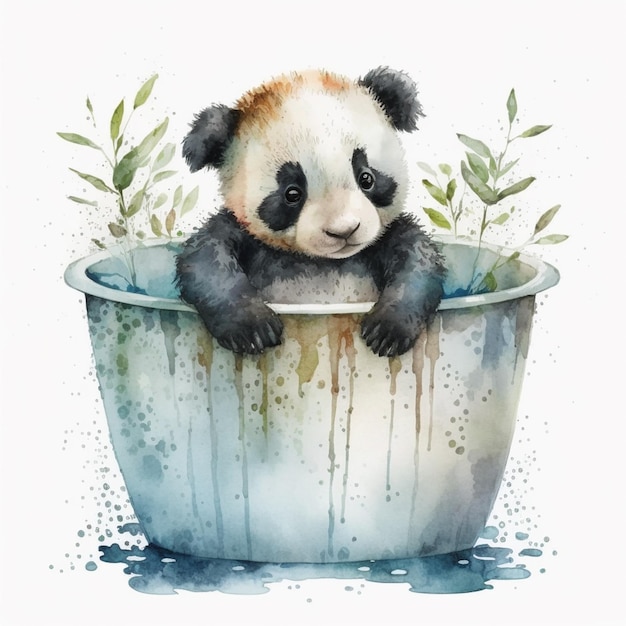 There is a panda bear sitting in a pot with plants generative ai