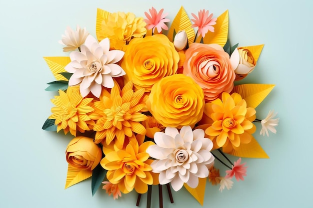 There is a paper art of a bouquet of flowers made of paper