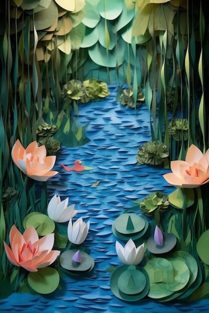 There is a paper art of a pond with water lillies generative ai