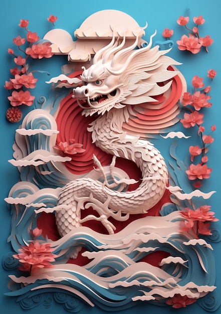 there is a paper cut of a dragon on a wave generative ai