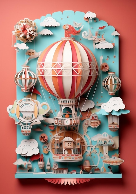 there is a paper cut of a hot air balloon with a house and a lot of clouds generative ai