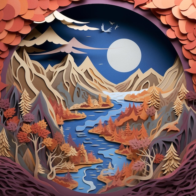 there is a paper cut of a mountain scene with a river generative ai