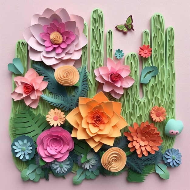 there is a paper flower arrangement with a bird and cactus generative ai