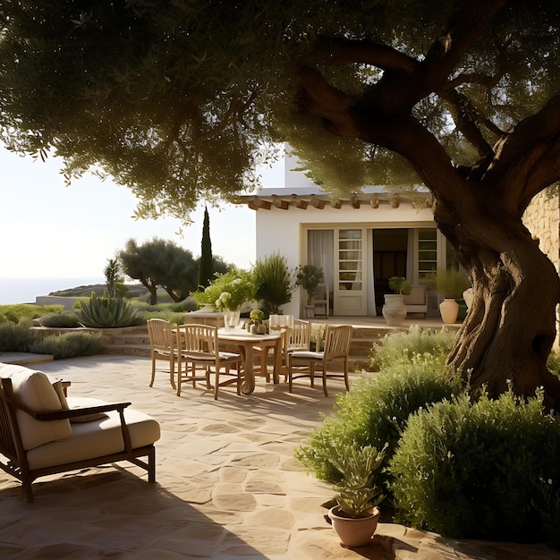 there is a patio with a table and chairs under a tree