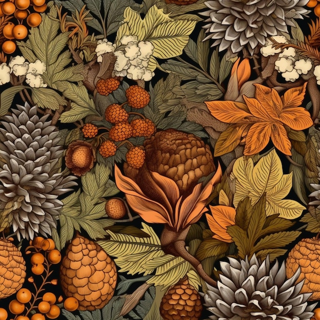 There is a pattern of flowers and fruits on a black background generative ai