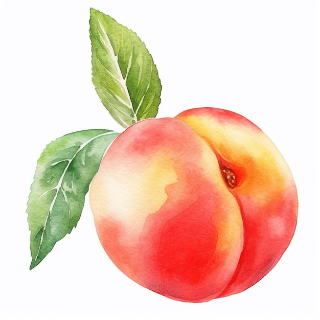 there is a peach with a leaf on it on a white background generative ai