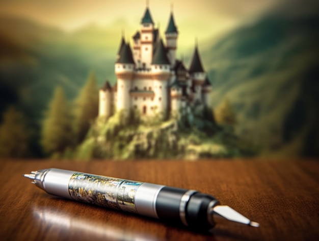 there is a pen that is sitting on a table near a castle generative ai