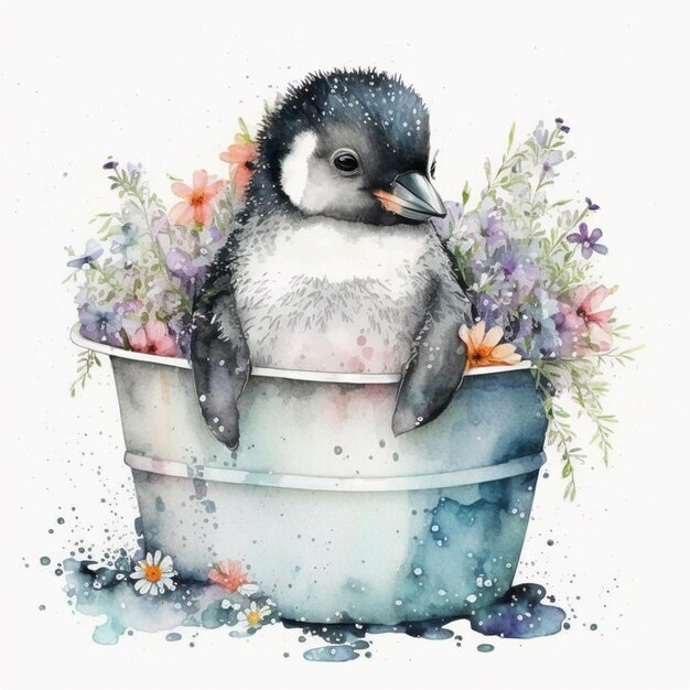 There is a penguin sitting in a bowl with flowers in it generative ai