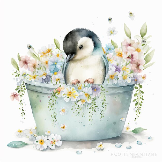 There is a penguin sitting in a tub with flowers and butterflies generative ai