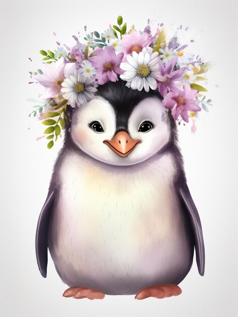 There is a penguin with a flower crown on its head generative ai