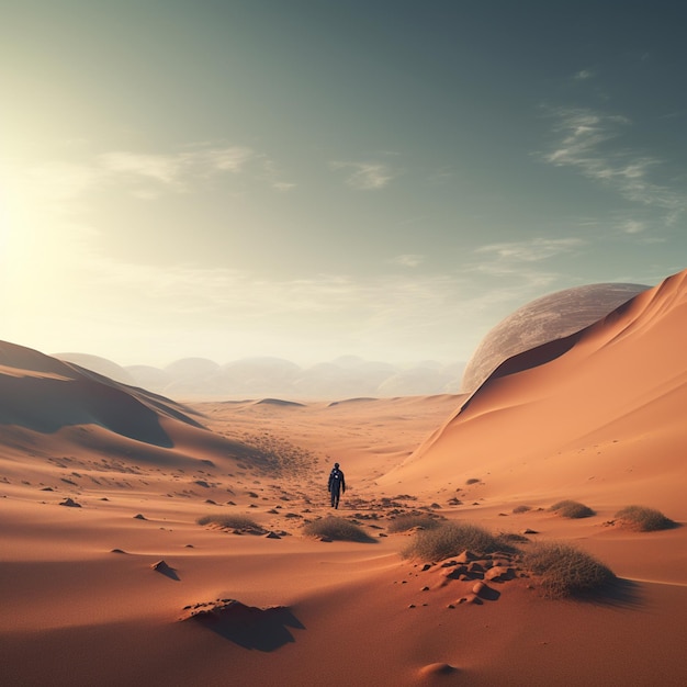 there is a person walking in the desert with a backpack generative ai