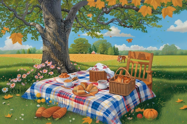 there is a picnic table with a basket of bread and a basket of bread on it generative ai