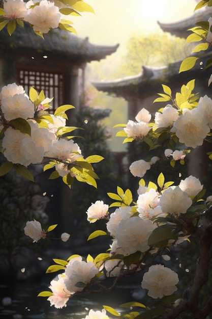 There is a picture of beautiful flowered tree in the middle garden generative ai