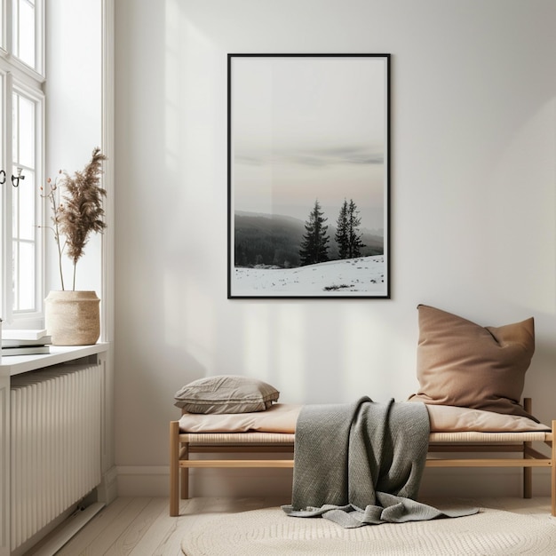 there is a picture of a bench in a room with a blanket on it generative ai