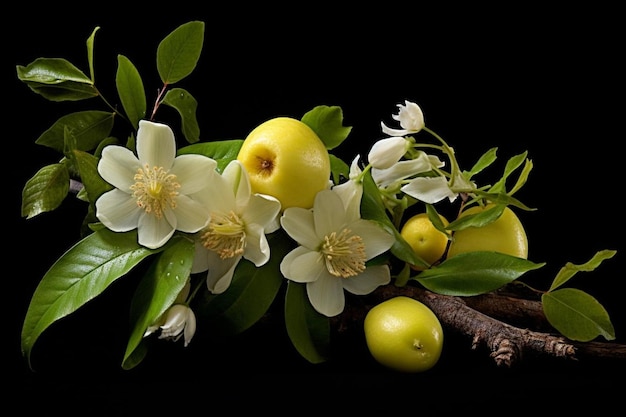 There is a picture of a bouquet of flowers with leaves