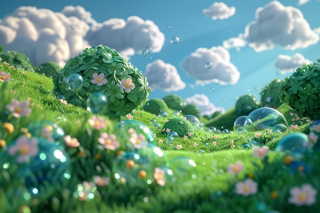 there is a picture of a cartoon scene of a field with bubbles generative ai