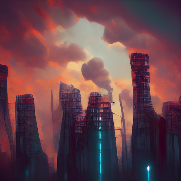 There is a picture of cityscape city with lot smoke coming out it generative ai