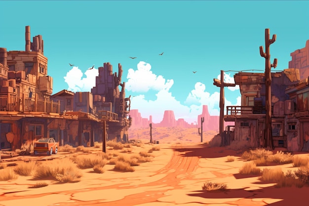 There is a picture of a desert town with a car driving down the road generative ai