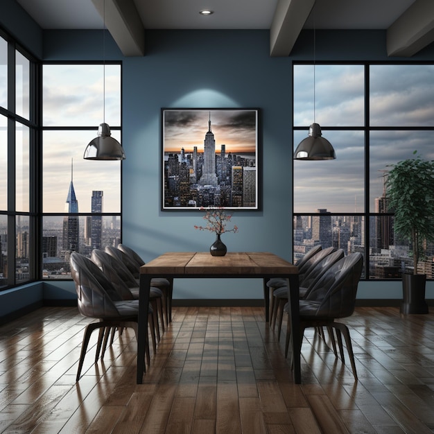 there is a picture of a dining room with a view of the city generative ai