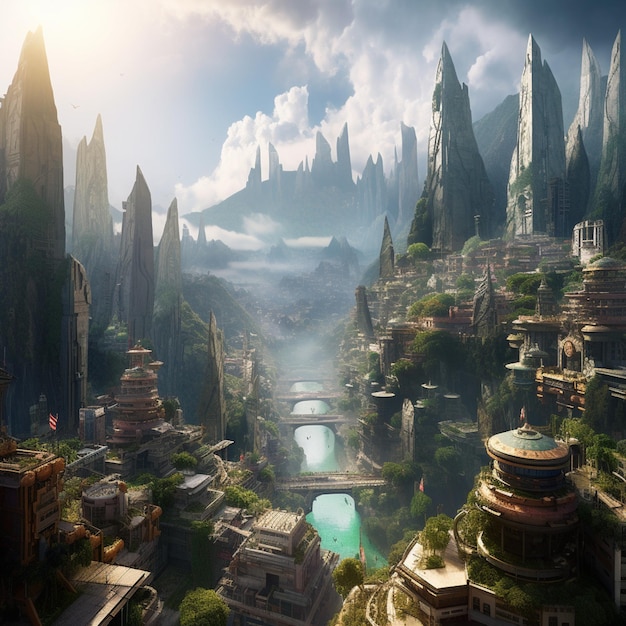 There is a picture of a fantasy city with a river in the middle generative ai