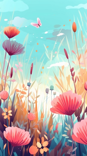 There is a picture of a field with flowers and a butterfly generative ai