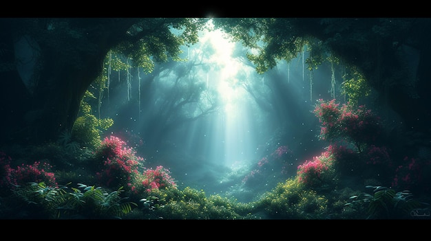 there is a picture of a forest with a sunbeam in the middle generative ai