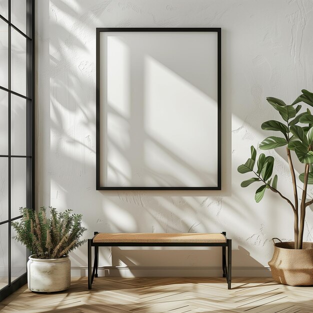 there is a picture frame hanging on the wall next to a plant generative ai