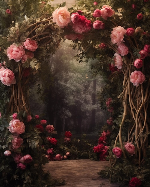 There is a picture of a garden with roses and vines generative ai