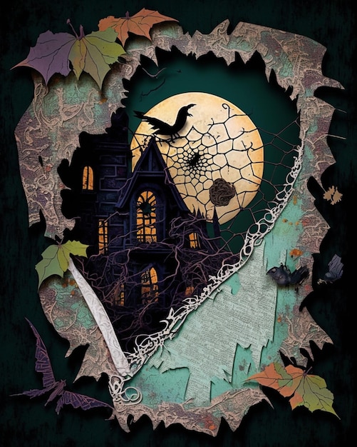 there is a picture of a halloween scene with a house and bats generative ai