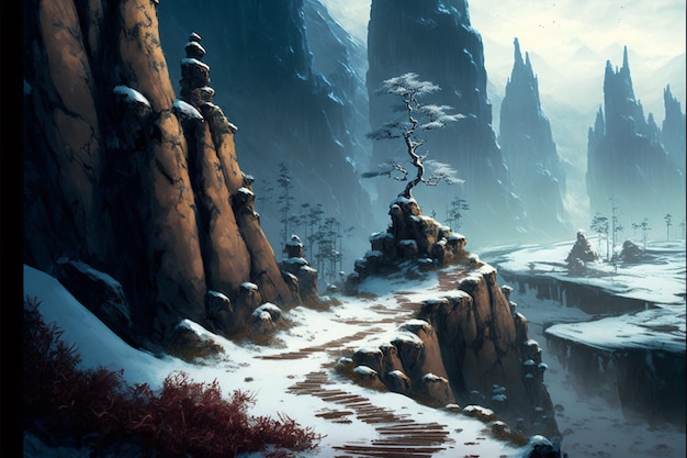 There is a picture of mountain scene with path leading to generative ai