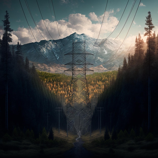 there is a picture of a mountain with power lines in the foreground generative ai