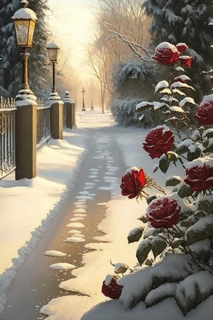 There is a picture of painting red rose in the snow generative ai