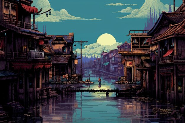 There is a picture of a painting of a river in a town generative ai