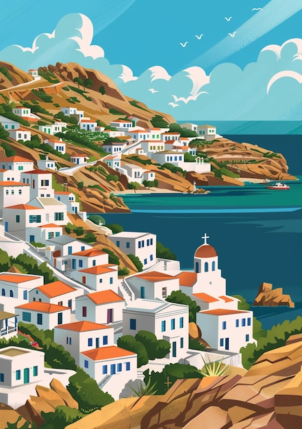 Photo there is a picture of a painting of a town on the coast generative ai