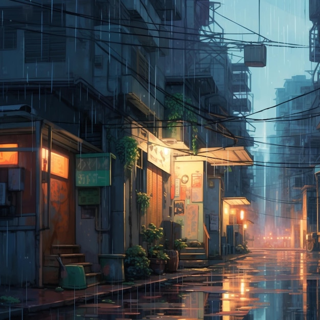 There is a picture of a rainy city street with a person walking in the rain generative ai