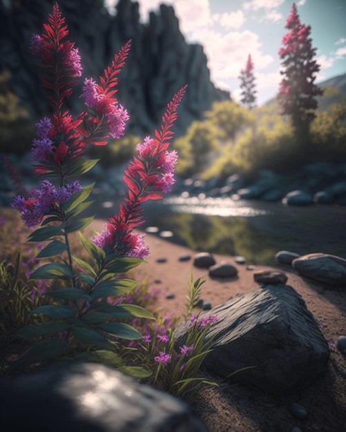 there is a picture of a river with rocks and flowers generative ai