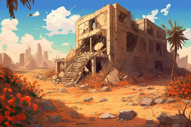 There is a picture of a ruined building in the desert generative ai