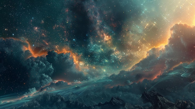 there is a picture of a space scene with a mountain and a sky generative ai