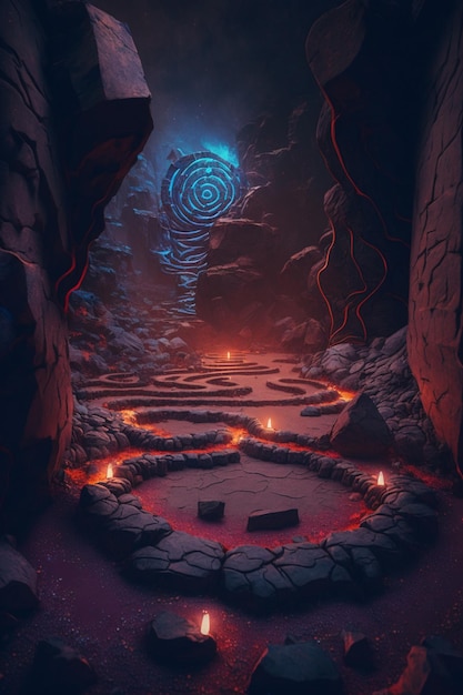 There is a picture of a stone path with candles in it generative ai