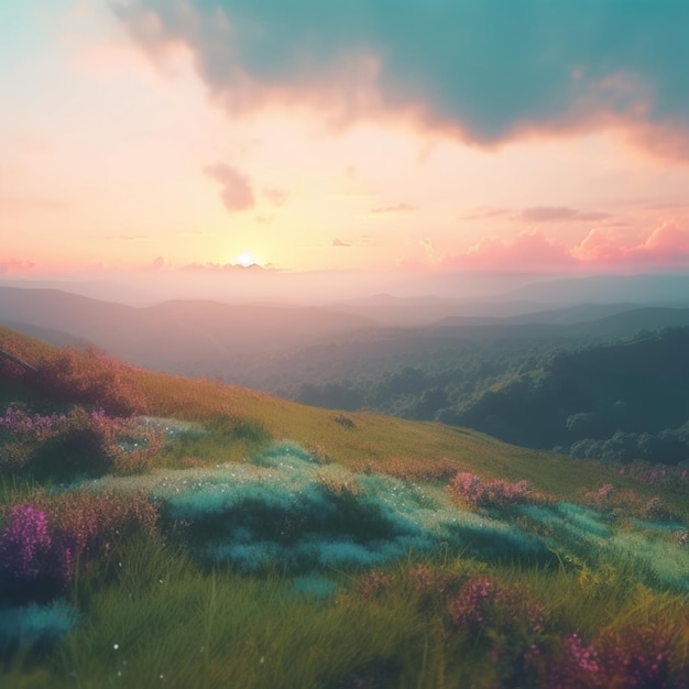 there is a picture of a sunset over a grassy hill generative ai